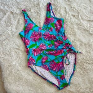 Lilly Pulitzer Pink & Blue Floral Wrap One Piece Swimsuit, L